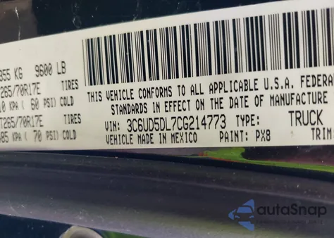 2012 Ram 2500 Slt z USA, uszkodzony, nr VIN 3C6UD5DL7CG214773